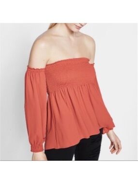 Express Off-the-Shoulder Smocked Tunic - Coral Orange